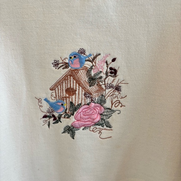 Grandma Sweater Faux Turtleneck Embroidered Bird House, Birds & Floral Design L - Picture 2 of 8